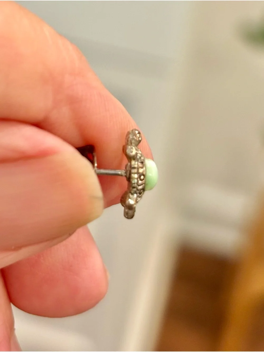 Silver Turtle Stud Earrings with Light Green Cabochon